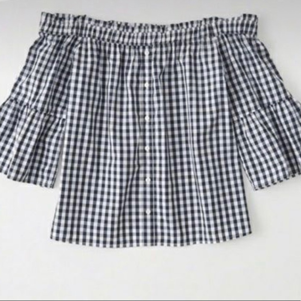 Abercrombie & Fitch navy and white off the shoulder gingham top